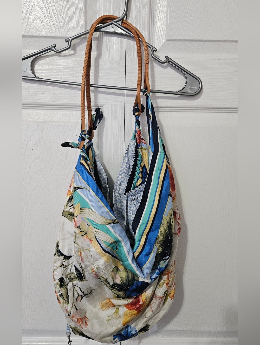 Tommy Bahama Floral & Blue Stripe Shoulder Bag with Tan Handles